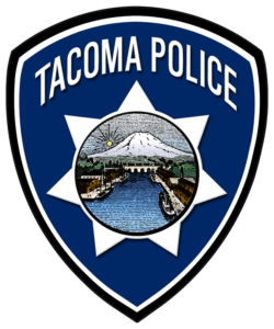 Graphic of Tacoma Police in shape of a shield with star and image of Tacoma inside shiled