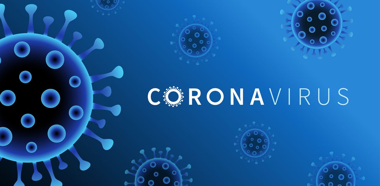 Blue graphic with image of virus and the word "coronavirus"